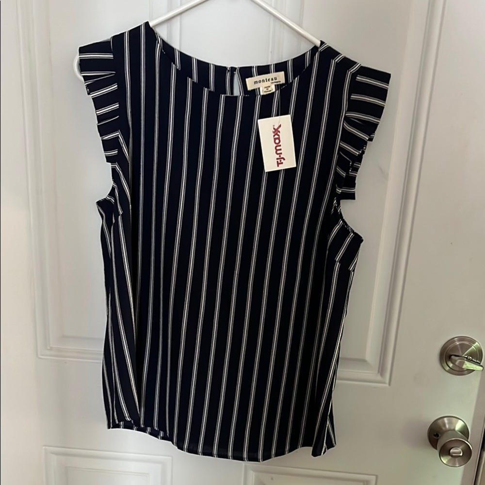 Monteau Blue Flutter Sleeve Sleeveless Blouse with Ruffled Relaxed Fit
